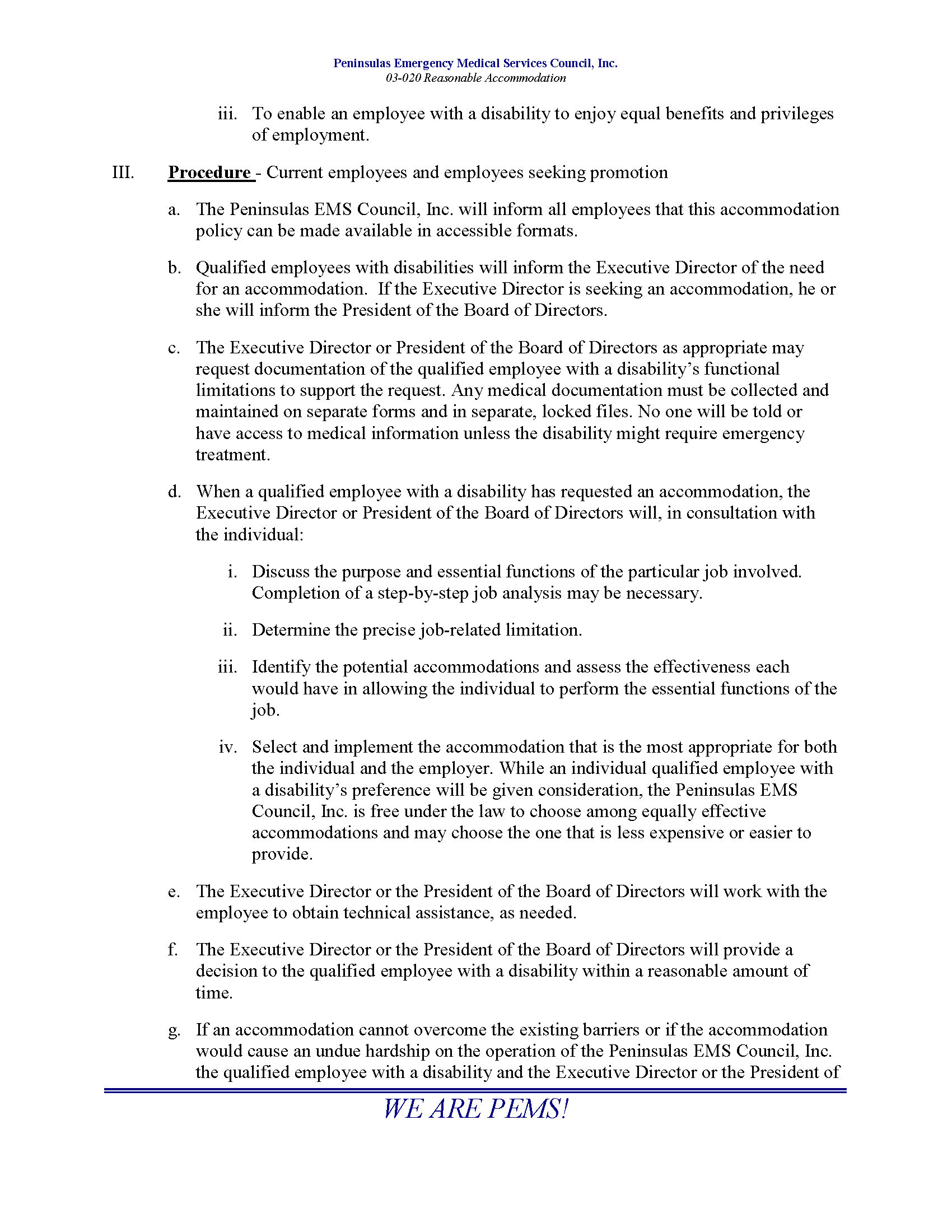 03 020 reasonable accommodation policy peninsulas ems council