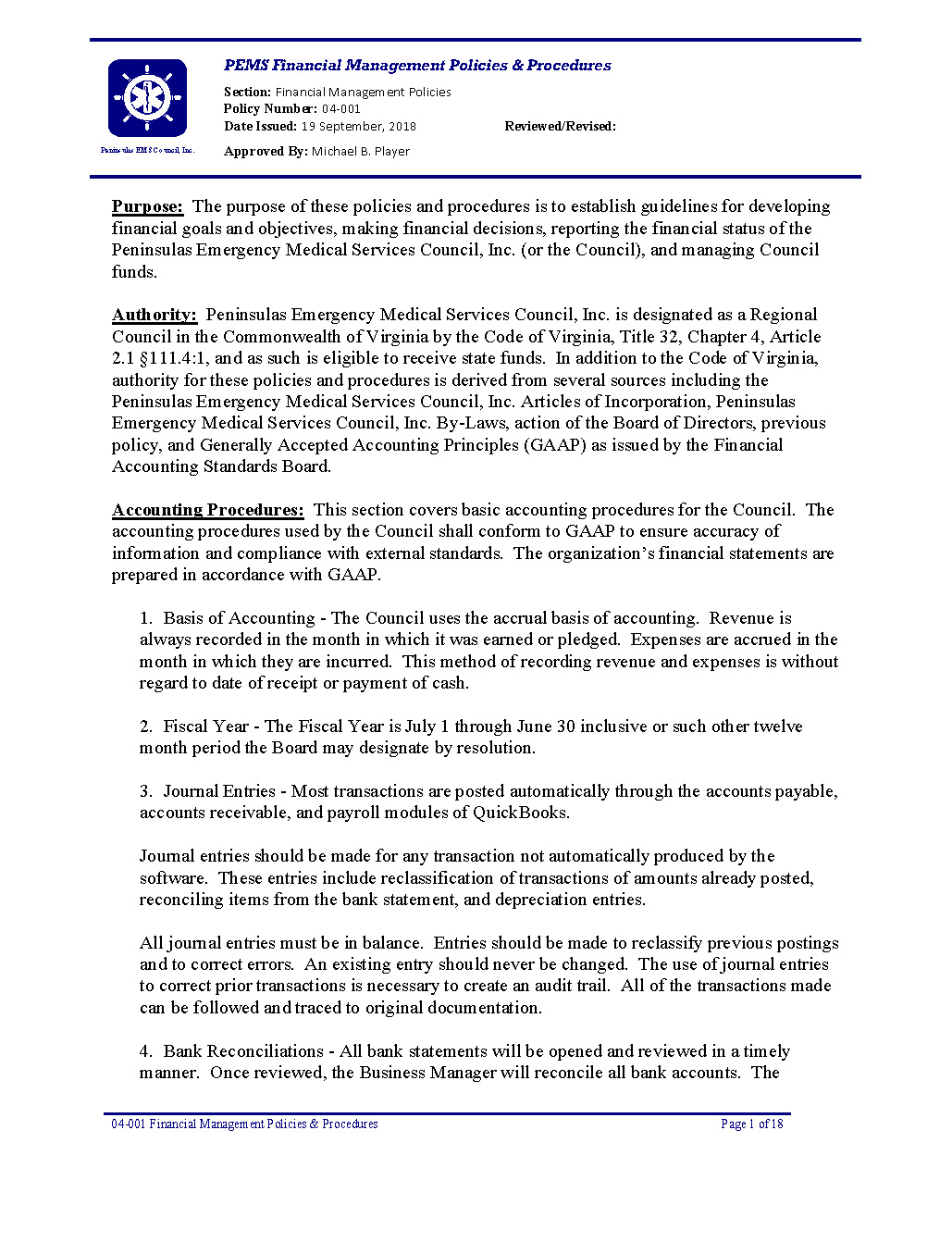 04 001 PEMS Financial Management Policies Procedures 09 18 Page 01