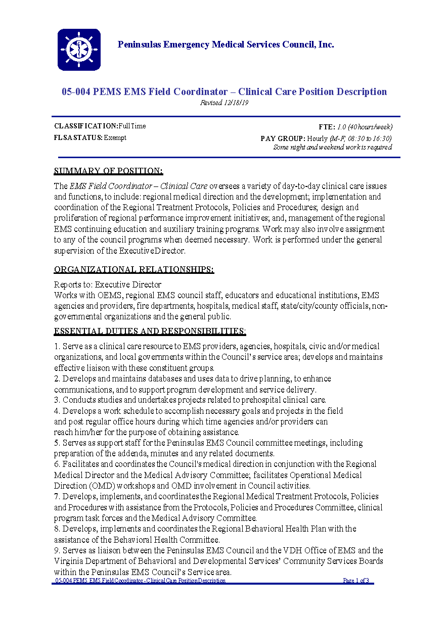 05 004 PEMS EMS Field Coordinator Clinical Care 12 19 Page 1