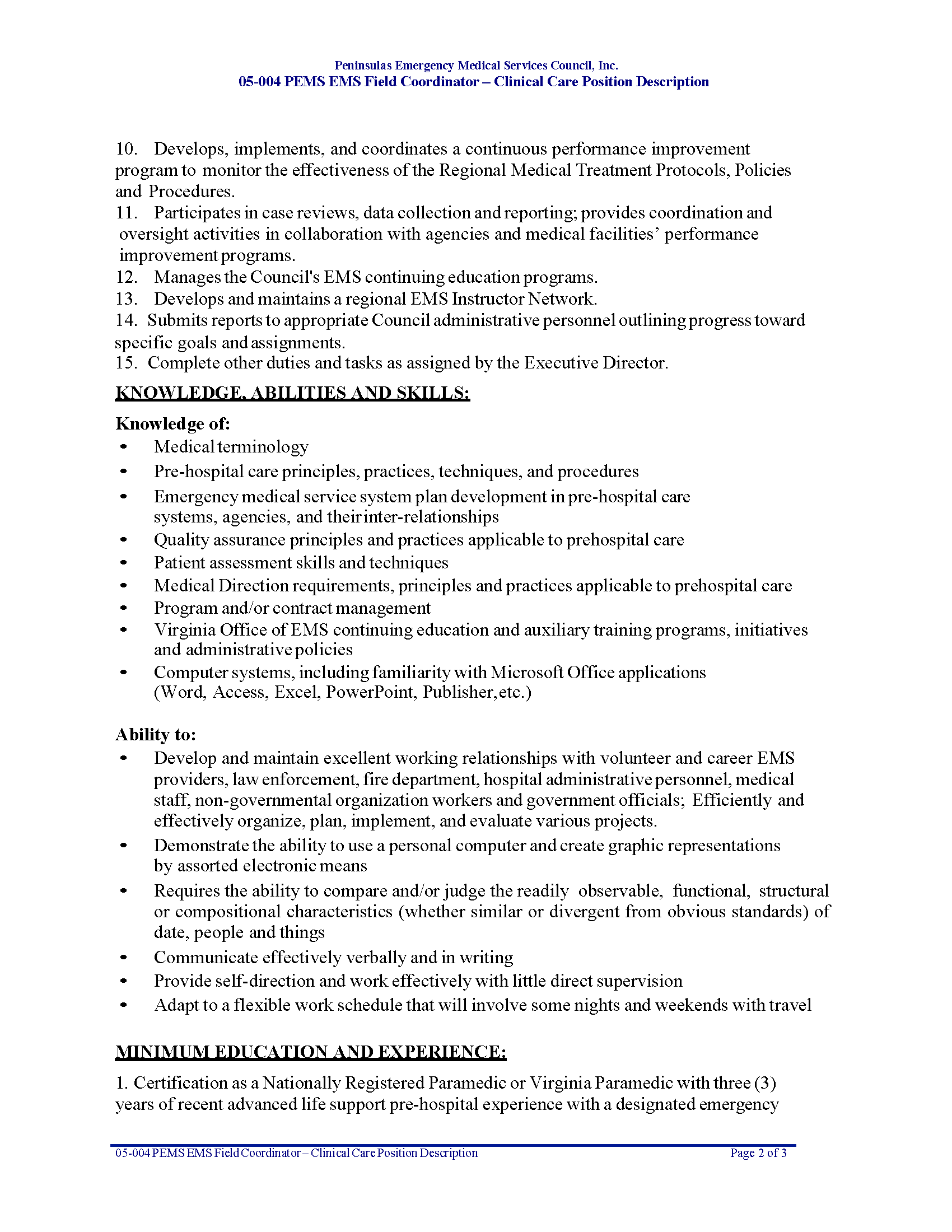 05 004 PEMS EMS Field Coordinator Clinical Care 12 19 Page 2