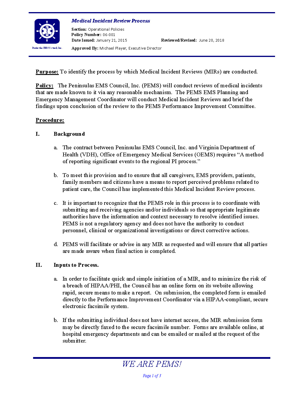 06 001 Medical Incident Review Process 06 18 Page 1