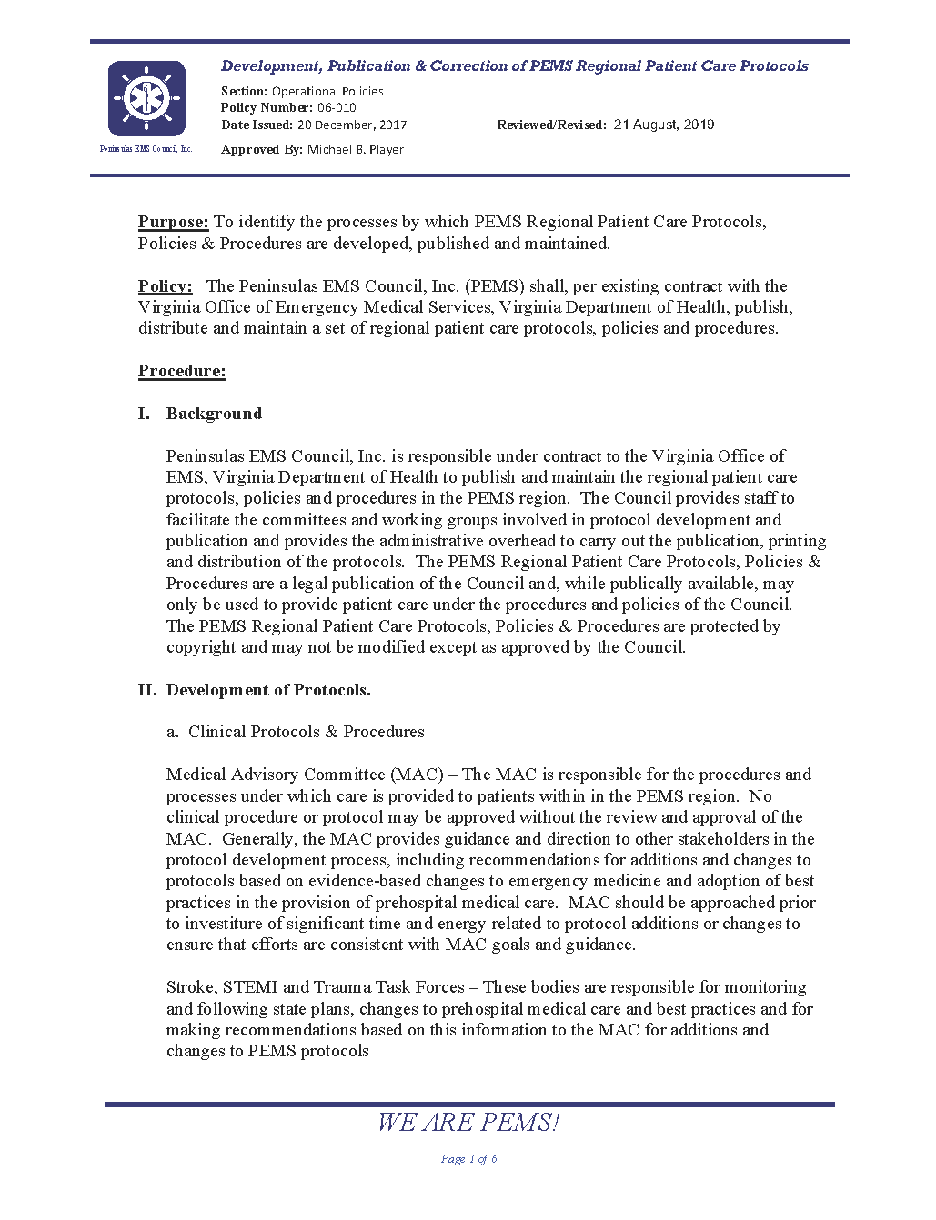 06 010 Development Publication Correction of PEMS Regional Patient Care Protocols 08 19 Page 1